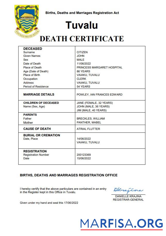 Blank Tuvalu vital record death certificate Word and PDF template